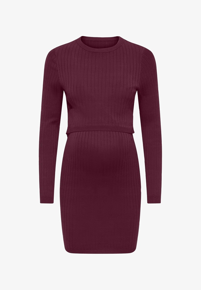 Robe de maternité bordeaux en maille côtelée à manches longues, silhouette ajustée et encolure ronde, conçue pour accueillir un ventre de grossesse.