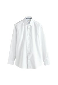 Weißes Langarmhemd aus glattem Stoff, mit spitzem Kragen, Knopfverschluss und einer ordentlich geschnittenen Passform.