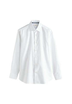 Weißes Langarmhemd aus glattem Stoff, mit spitzem Kragen, Knopfverschluss und einer ordentlich geschnittenen Passform.