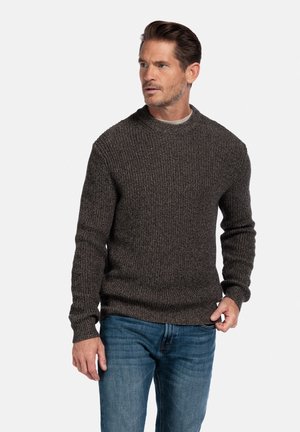 Bruine gebreide trui met een ronde hals en een gestructureerde stof. Gecombineerd met blauwe spijkerbroeken, gepresenteerd in een frontale pose tegen een witte achtergrond.