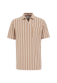 Camisa de manga corta beige con rayas blancas verticales, escote en V y un bolsillo en el pecho. Tejido texturizado con un corte holgado.