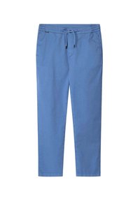 Pantaloni di cotone blu con vita elasticizzata e cordoncino. Presentano due tasche laterali e un taglio dritto. Tessuto liscio senza motivi.