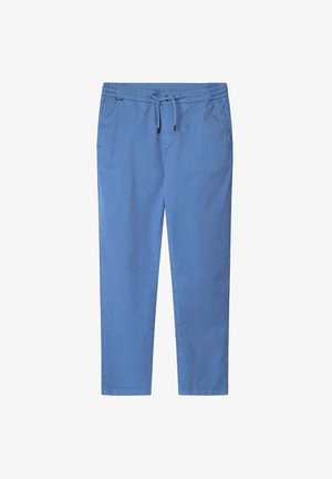 Pantalones de algodón azules con cintura elástica y cordón. Presenta dos bolsillos laterales y un corte recto. Textura suave sin patrones.