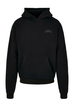 Svart hoodie i bomullsblandning, med en framficka, ribbade manschetter och nederkant, samt en subtil logotyp i mörkgrått på bröstet.