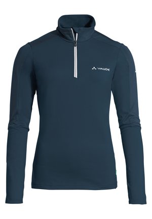 Námořnický modrý pulovr s dlouhým rukávem a polovičním zipem na krku, se bílým logem a hladkým, elastickým materiálem pro pohodlí a volnost pohybu.