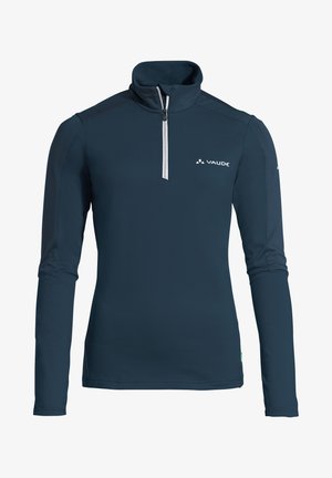 Tamsiai mėlynas ilgomis rankovėmis megztinis su pusiau užtrauktuku, su baltu logotipu ir lygiu, elastingu audiniu, užtikrinančiu komfortą ir judėjimo laisvę.