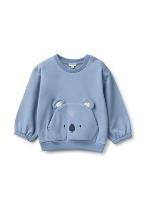 Sudadera para bebé de manga larga en azul claro con un bolsillo delantero con forma de cara de oso, que incluye orejas cosidas y rasgos faciales sencillos.