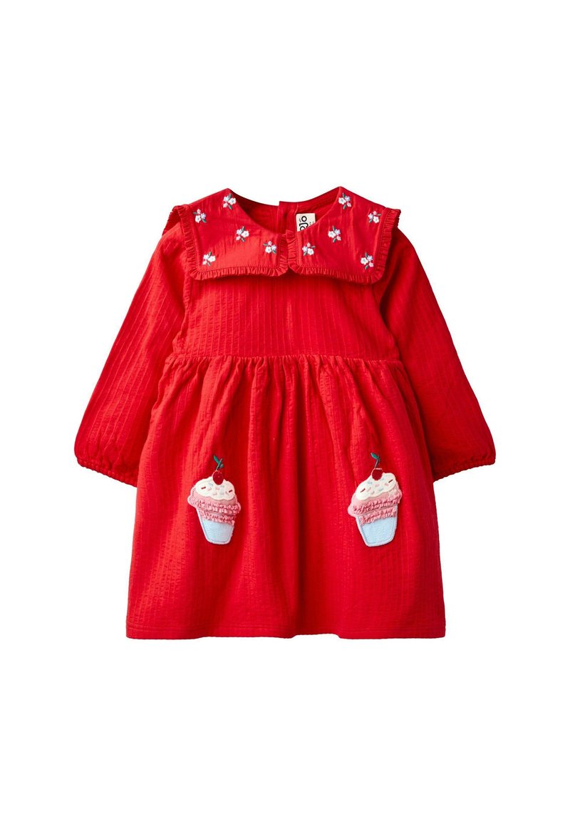 Rotes langärmliges Kleid aus strukturiertem Stoff, mit einem floral bestickten Kragen und Cupcake-Applikationen auf der Vorderseite.
