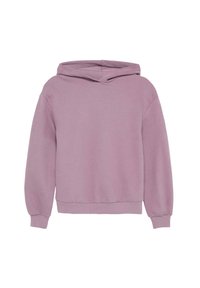 Sweat à capuche violet clair avec une poche kangourou, des manches larges et un ourlet côtelé. Fabriqué en tissu en coton doux avec une texture lisse.