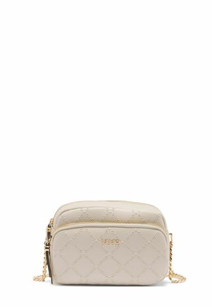 Borsa a tracolla beige chiaro con motivo a diamante impresso, dotata di due scomparti con zip e una tracolla in catena dorata.