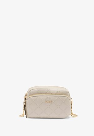 Jasnobeżowa torebka typu crossbody z wytłaczanym wzorem diamentów, z dwoma zasuwanymi komorami i złotym łańcuszkiem.