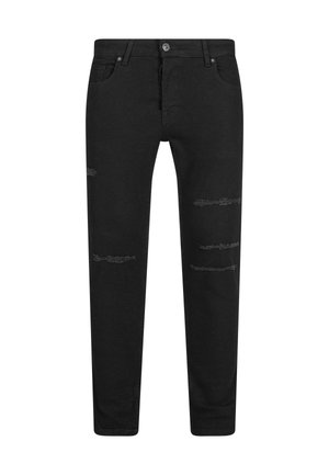 Fekete farmernadrág, slim fit szabással, öt zsebbel, a fronton kopott részletekkel és gombos záródással.