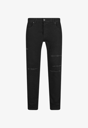 Fekete farmernadrág, slim fit szabással, öt zsebbel, a fronton kopott részletekkel és gombos záródással.