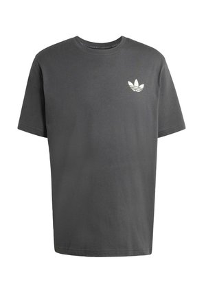 Graues Baumwoll-T-Shirt mit Rundhalsausschnitt und kurzen Ärmeln, mit einem kleinen weißen Adidas-Logo auf der linken Brust.