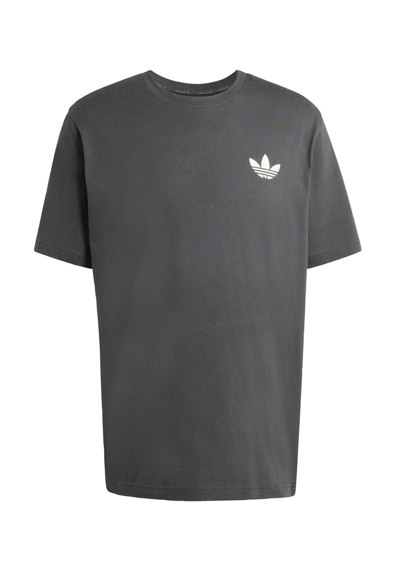 Graues Baumwoll-T-Shirt mit Rundhalsausschnitt und kurzen Ärmeln, mit einem kleinen weißen Adidas-Logo auf der linken Brust.