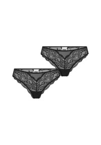 Zwarte kanten slipjes met bloemmotieven, golvende randen en een doorzichtige textuur. Inclusief twee stukken met een comfortabele pasvorm.