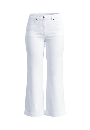 Weiße High-Waist Jeans mit weitem Bein, Vorderknöpfen, Reißverschluss und Fünf-Taschen-Design vor schlichtem weißem Hintergrund.