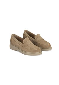 Schlichte Wildleder-Loafers in Hellbraun mit runder Zehenpartie, gestickten Details und einer niedrigen, strukturierten Gummisohle. Minimalistisches Slip-On-Design.