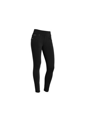 Schwarze Leggings mit hohem Bund, ausgestattet mit zwei Vorderotektaschen und dekorativen Beschlägen. Aus dehnbarem Stoff für zusätzlichen Komfort gefertigt.