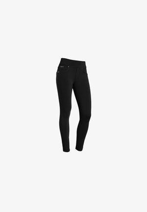 Leggings neri con vita alta, dotati di due tasche frontali con accessori decorativi. Realizzati in tessuto elastico per un comfort ottimale.
