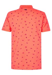 Koronkowa koszulka polo z krótkim rękawem, wykonana z bawełny, z powtarzającym się wzorem fioletowych palm, odcisków stóp i słońc.