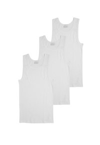 Tre canotte bianche in cotone con scollatura rotonda e spalline larghe, caratterizzate da una texture liscia e un design semplice.
