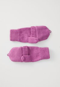 Mittens rosa lavorati a maglia con polsini a coste, dotati di un design con patta per il pollice. Tessuto liscio con un modello di punto uniforme. Nessun hardware visibile.