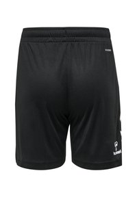 Schwarze Sportshorts aus leichtem Material, mit elastischem Bund, glatter Oberfläche und einem weißen Logo auf der unteren linken Seite.