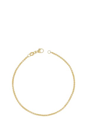 Zartes Goldkettenarmband mit Karabinerverschluss, geöffnet auf weißem Hintergrund dargestellt.
