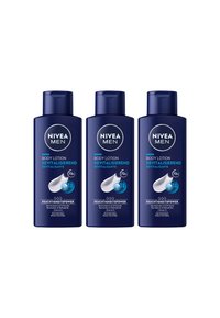 Three navy blue NIVEA Men body lotion bottles labeled "Revitalizing" with 72-hour hydration and Vitamin E for normal skin.