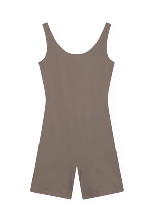 Indumento intero smanicato color taupe con gambe corte a pantaloncino e scollatura a U, disteso su uno sfondo bianco.