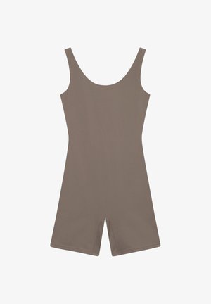Indumento intero smanicato color taupe con gambe corte a pantaloncino e scollatura a U, disteso su uno sfondo bianco.