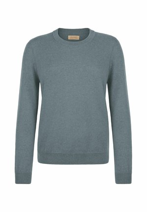 Ljusblå ulltröja med rund hals, långa ärmar, ribbade mudd och fåll, med en mjuk struktur och enkel design.