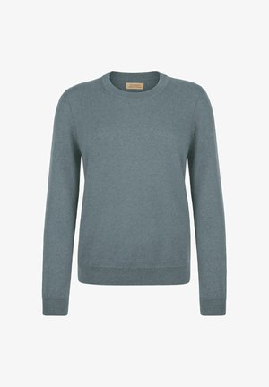 Pull en laine bleu clair avec un col rond, des manches longues, des poignets et un ourlet côtelés, présentant une texture lisse et un design simple.