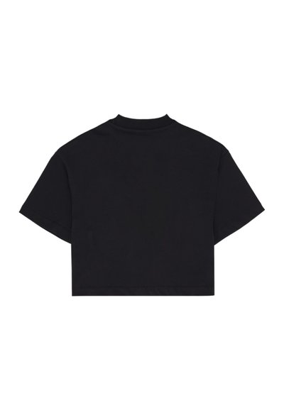 T-shirt noir court à manches courtes avec un col rond haut, présenté de dos sur un fond blanc.