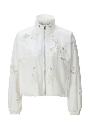 Weiße kurze Jacke mit durchgehendem Frontreißverschluss, hohem Kragen, elastischen Bündchen und ausgeschnittenen Blumenmustern mit Einsätzen aus Netzstoff.