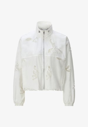 Weiße kurze Jacke mit durchgehendem Frontreißverschluss, hohem Kragen, elastischen Bündchen und ausgeschnittenen Blumenmustern mit Einsätzen aus Netzstoff.