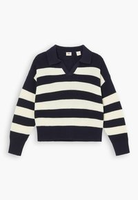 Stripet striktrøje med marineblå og cremefarvede horisontale striber, en krave V-hals og ribstrikkede manchetter og kant for en tekstureret finish.