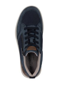 Navy blue shoe with suede and mesh upper, lace-up design, side zipper, and textured interior. Rubber sole with a contrasting light outline.