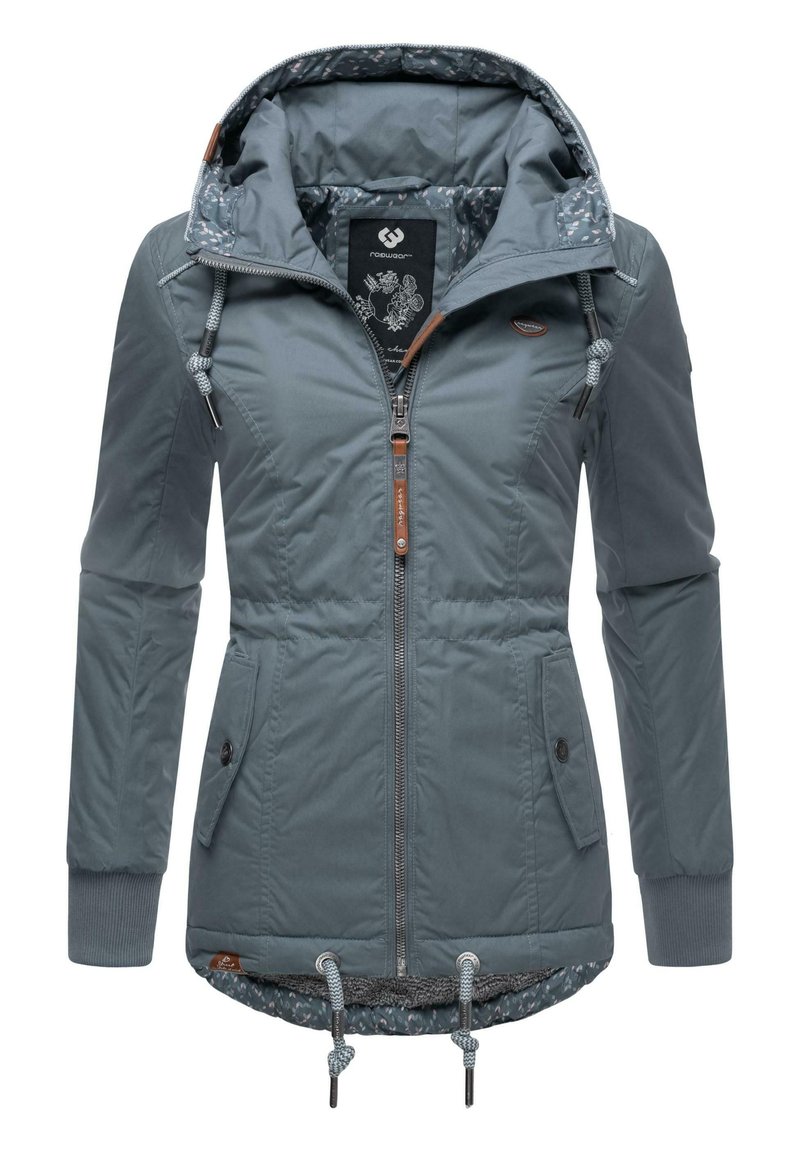 Szara kurtka zapinana na zamek z kapturem, z teksturowaną powierzchnią, elastycznymi mankietami, dwiema przednimi kieszeniami i wzorzystą podszewką.