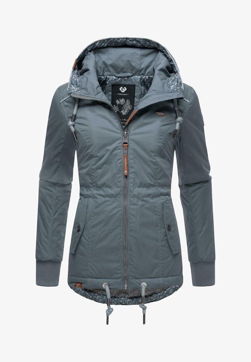 Szara kurtka zapinana na zamek z kapturem, z teksturowaną powierzchnią, elastycznymi mankietami, dwiema przednimi kieszeniami i wzorzystą podszewką.