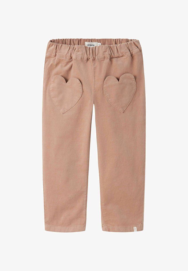 Vaaleanruskeat lasten housut, joissa on joustava vyötärönauha ja sydämenmuotoiset tarrat etureisissä, tehty pehmeästä puuvillafroteekankaasta.