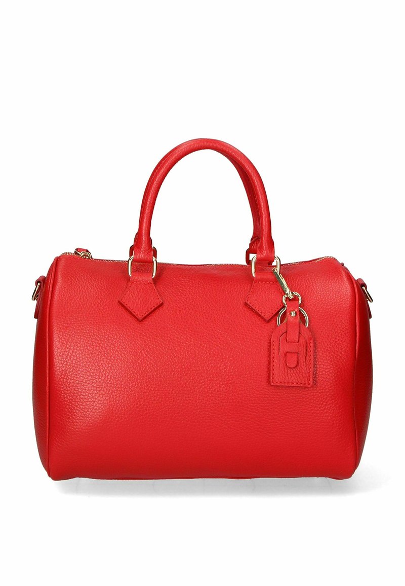 Rode leren handtas met een ronde vorm, gestructureerd oppervlak, twee korte handvatten, hardware in goudkleur en een afneembare bagagelabel.