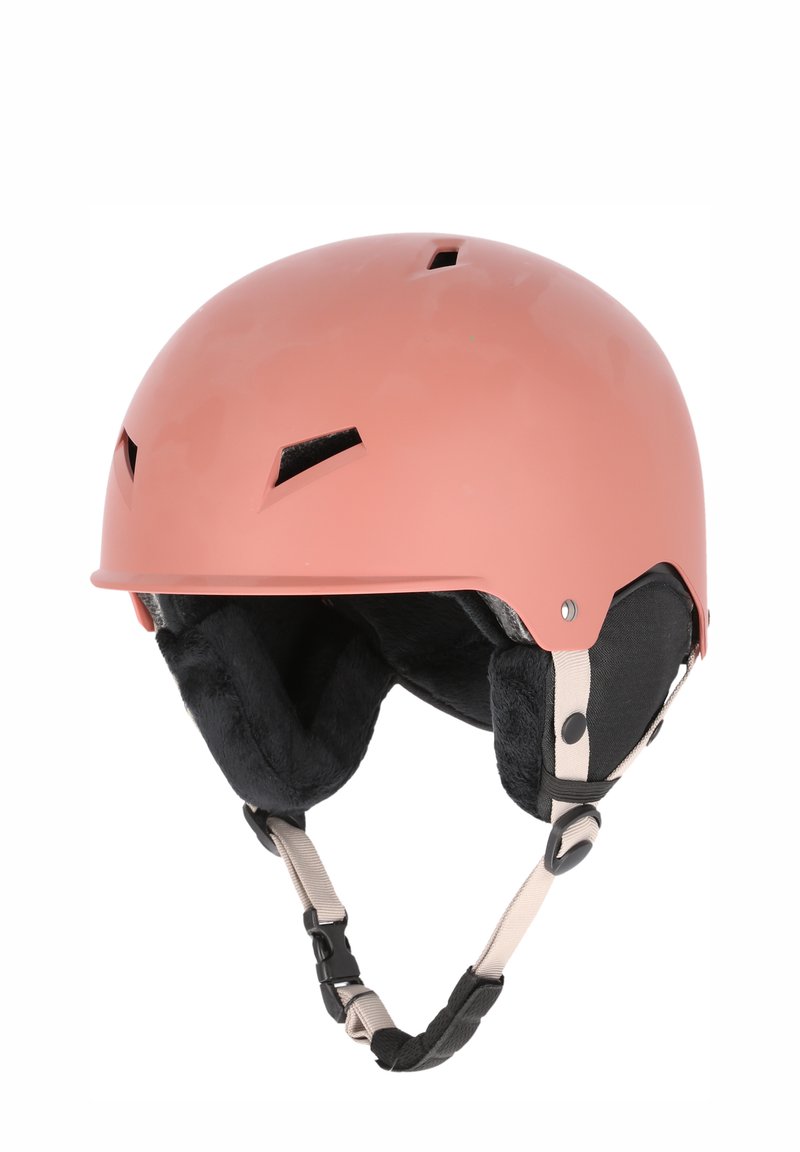 Rosa, glänsande hjälm med ventilationsöppningar, mjuka svarta öronkuddar och justerbart hakband för säker passform.