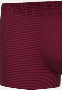 Vinröda badshorts med horisontella ränder, som har en slät yta, elastisk midja och förstärkta sömmar.