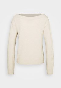 Krämfärgad tröja med bred halsringning, långa ärmar, ribbade manschetter och nederkant. Mjuk textur, minimalistisk design och inga synliga mönster.