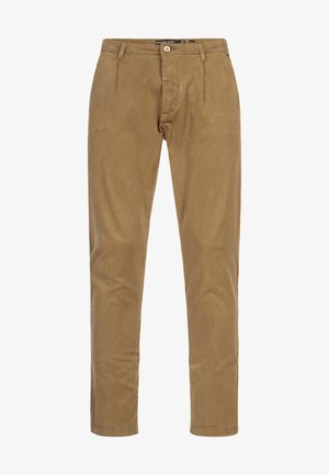 Beige chinos met een taps toelopende pasvorm, voorzien van een voorzak, riemlussen en een knoopsluiting. Zacht, soepel katoenmateriaal met een minimale textuur.