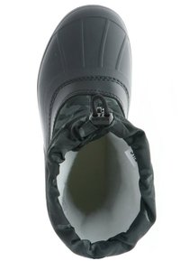 Zwarte waterdichte laars met een rubberen onderkant en een stoffen bovenkant met een groen camouflagepatroon. Inclusief elastische manchetten en een verstelbare trekkoord.