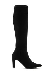 Zwart suede laars tot aan de knie met een spitse neus en een hoge stilettohak, met een naadloos ontwerp en contrasterende stiksels.