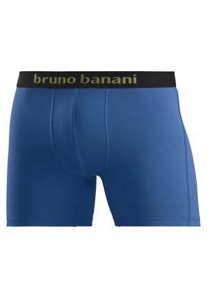 Blue men's boxer briefs with black elastic waistband featuring "bruno banani" in olive green text.